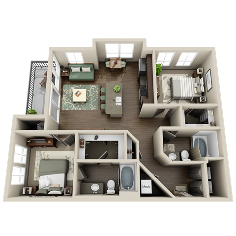 Floor plan for 2 beds, 2 baths, 1003 sqft